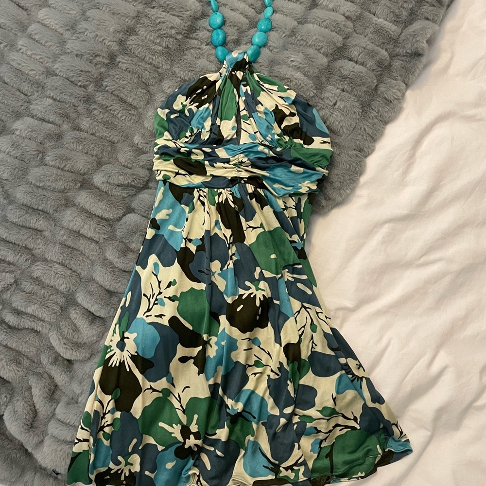 SKY  Turquoise Beaded Halter Floral Dress size XS